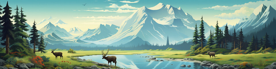 An Illustration of an Alaskan Wildlife Scene with Layered Animals and Landscapes - obrazy, fototapety, plakaty