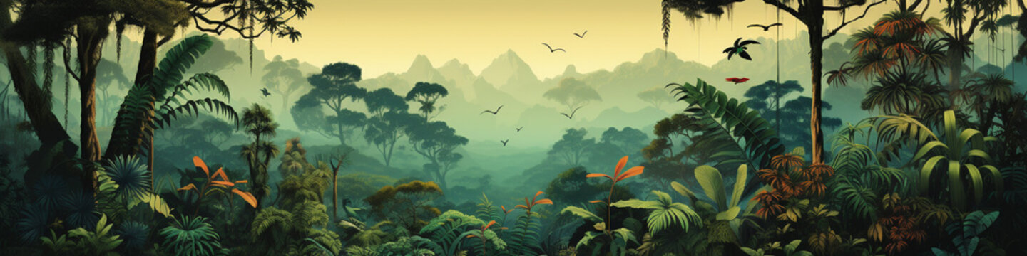 An Illustration Of A South American Rainforest With Large Wildlife And Trees