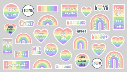 LGBTQ rainbow sticker pack. Vector stickers in pastel pale rainbow colors 