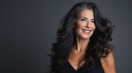 Black middle age woman portrait with healthy face skin. Open smiling beautiful aging mature woman. Beauty and cosmetics skincare advertising concept grey background space for copy - generative AI