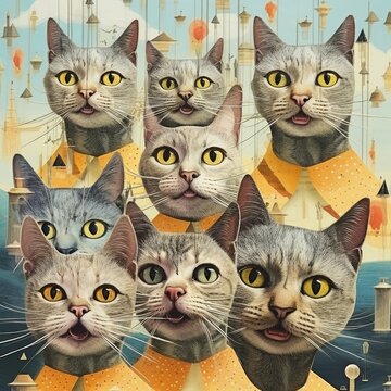 lot cats family Abstract collage scrapbook yellow retro vintage surrealistic illustration