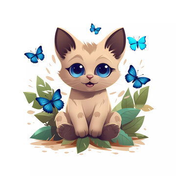 Cute and happy siamese cat surrounded by butterflies,ai