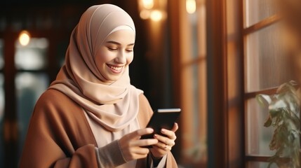 Beautiful overjoyed young smiling muslim woman in traditional religious hijab reading great news on smartphone - generative AI, fiction Person