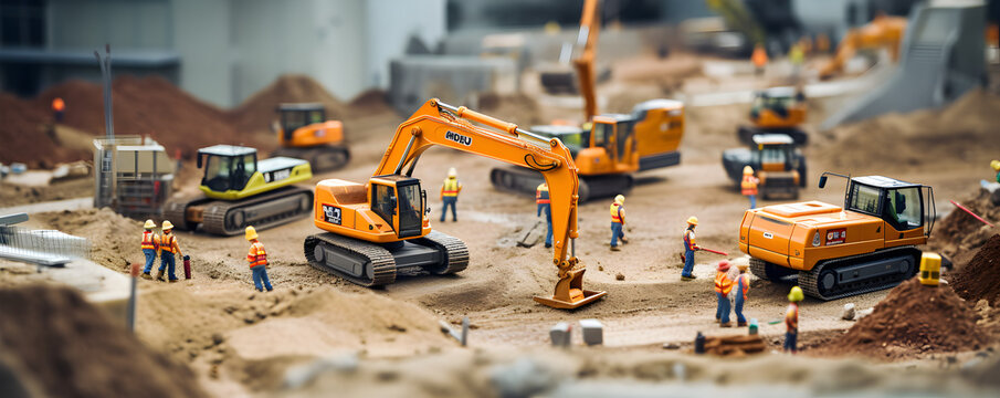 chantier de construction avec ouvrier et pelleteuse, illustration style maquette
