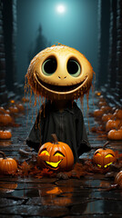 Halloween pumpkin boy in the dark, 3d render illustration.