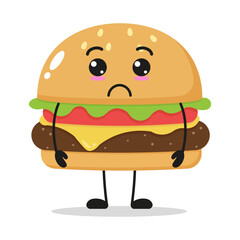 Cute sad hamburger character. Funny unhappy cheeseburger cartoon emoticon in flat style. junk food vector illustration