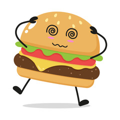 Cute dizzy hamburger character. Funny confused cheeseburger cartoon emoticon in flat style. junk food vector illustration