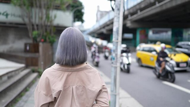 台湾台北の大通りでスマートフォンを操作しながらタクシーを待つ女性 A woman waits for a cab on a main street in Taipei, Taiwan, while operating a smartphone.
