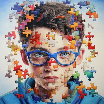 Illustration of an autistic boy with autism awareness puzzle pieces.