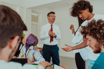 A modernly dressed professor engages in educating students, who listen attentively, creating a dynamic scene of knowledge-sharing and focused learning in the classroom.