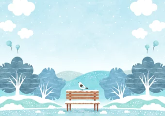 Fototapeten 雪がふる冬の公園のベンチと小鳥 自然風景の水彩背景イラスト © soo.