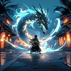 warrior man dragon fight anime futuristic illustration mystical fantasy art glowing digital