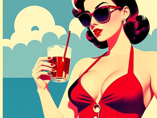 Retro illustration of a fashionable woman, generative AI