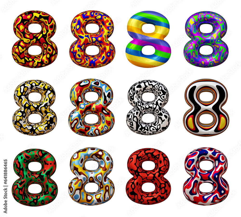 Poster set of number 8 in 3d rendering isolated on transparent background for math, business and education 