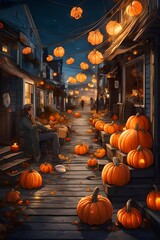 A coastal town's main street transformed for Halloween, with fishing nets and seashells intertwined among glowing pumpkins.
