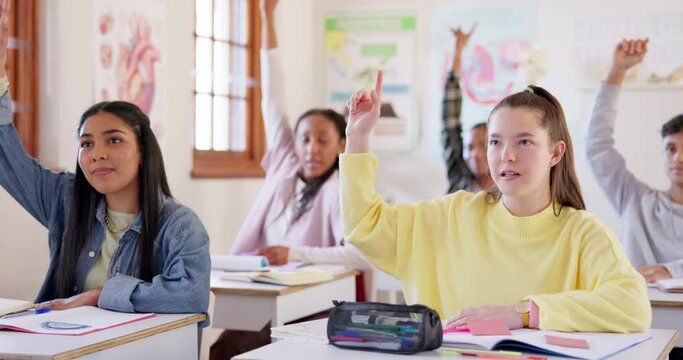 Hands raised, students and question in classroom, learning and study in high school. Group education, children and answer, asking why and kids development of knowledge for teenager listening together