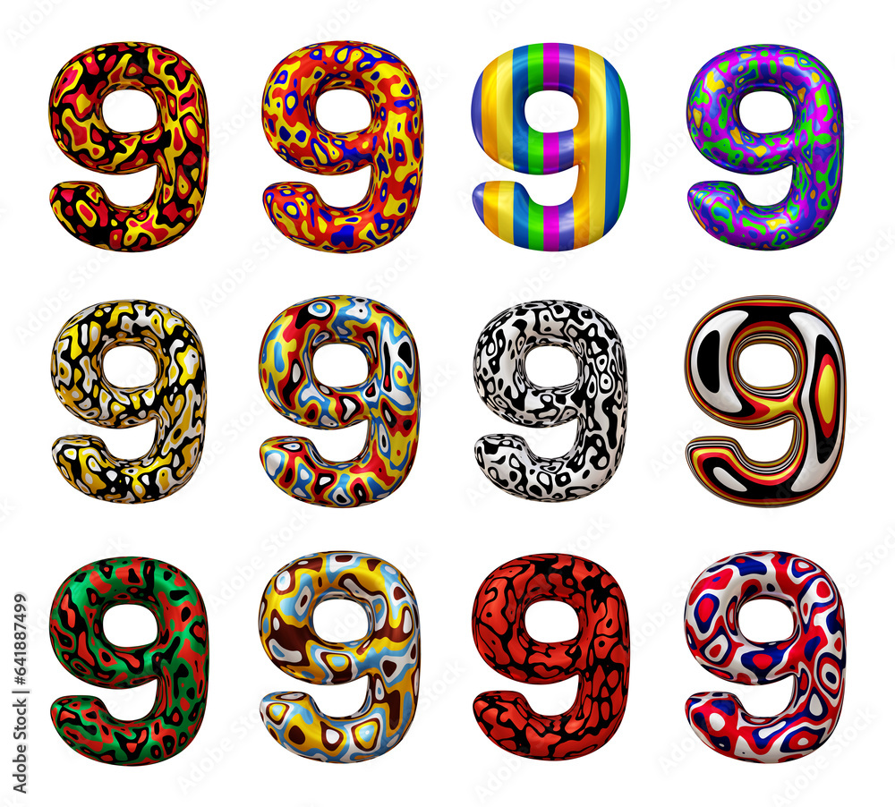 Poster set of number 9 in 3d rendering isolated on transparent background for math, business and education 