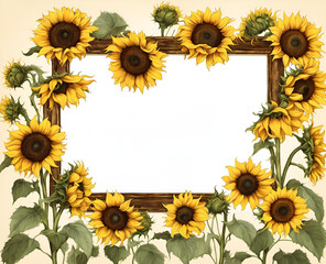 Creative frame decorated with sunflower flowers and leaves