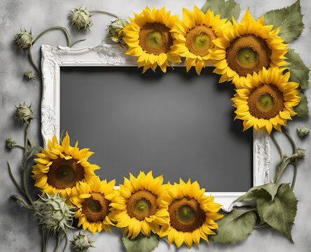 Creative frame decorated with sunflower flowers and leaves