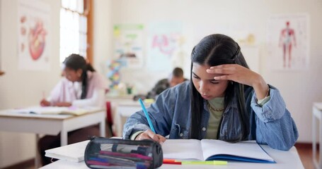 Thinking, student and girl writing, classroom and education with knowledge, assessment and lessons. People, academic and high school with exam, creativity and test with solution and problem solving