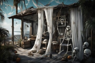 A Halloween coastal beach house with ghostly white curtains blowing in the breeze, and a front yard adorned with skeletal pirate decorations.

