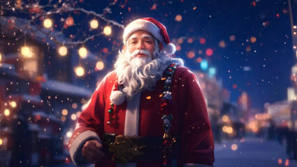 Portrait of Santa Claus on the background of the night city.
