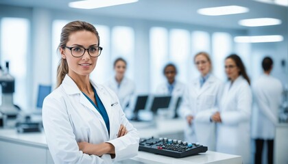 Modern laboratory with team of medical specialists and beautiful young woman scientist in white coat and glasses copyspace