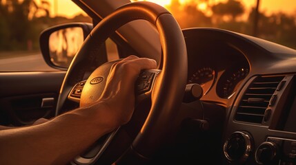 a person holding a steering wheel with his hands outside in summer vacation at sunset. first person view POV. driving a car. Generative AI - obrazy, fototapety, plakaty