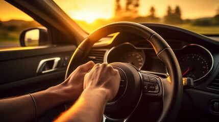 a person holding a steering wheel with his hands outside in summer vacation at sunset. first person view POV. driving a car. Generative AI