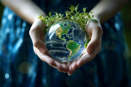 a photo of person hands holding a small round planet earth globe. green grass and plants in hands. care about nature and ecology. save our planet. Generative AI
