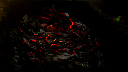 burning coconut shell coals as background