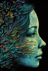 Beautiful art portrait of a young woman in profile with blue skin with a lot of plants in vintage nature floral style on the black background creative chalk drawing