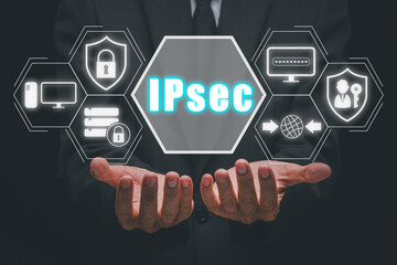 IPSec, Internet and Protection Network Vector concept, Businessman hand holding Internet and Protection Network icon on virtual screen.