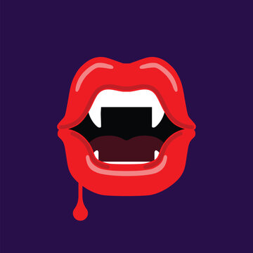 Bloody vampire lips. Vampire mouth with fangs vector icon. Cartoon open female red lips with long pointed teeth and bloody dripping saliva express emotion. Vector illustration.
