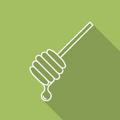 Honey dipper line icon. Wooden stick with flowing honey drop. Vector illustration.