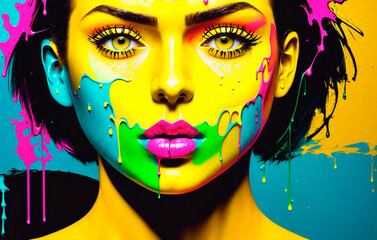 Portrait of a beautiful young woman with bright make-up and multicolored paint on her face. Beauty, fashion.