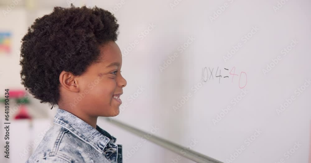 Aufkleber Math class, happy child at board for education, learning and problem solving for skill development. Boy writing on whiteboard in classroom with solution, thinking and smile at school for knowledge.