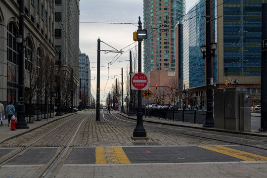Jersey City, New Jersey, USA, view of Exchange Place light rail station. High quality photo