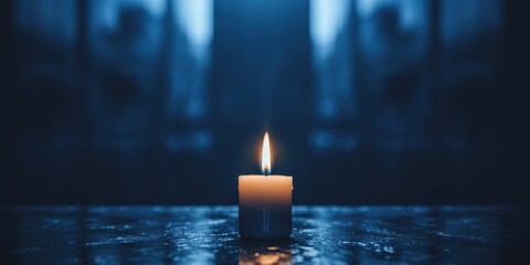 Capture the essence of solitude with a lone candle on a deep blue background, evoking a sense of calm and reflection - obrazy, fototapety, plakaty