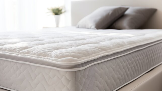 Close up of fluffy mattress in modern bright bedroom
