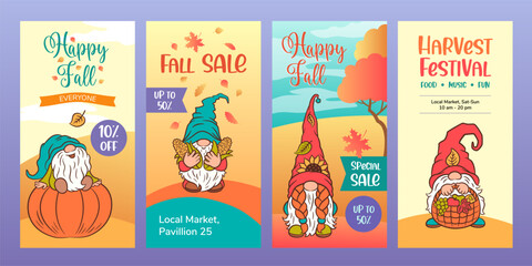 Vector fall banner with gnome. Social media stories designs. Cute autumn scandinavian gnome on the yellow orange background with copy space. Fall vertical banner, autumn flyer, story, ads design.