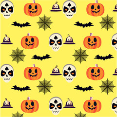 Halloween pattern, pumpkin, skull, cobweb, hat, on a yellow background