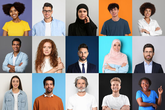 Collage with portraits of people on different color backgrounds