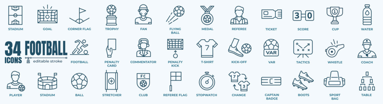 Football and soccer line icons collection. Vector icon style