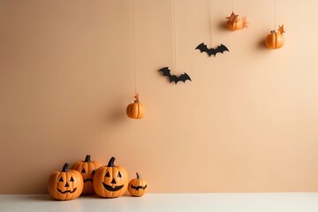 In autumn the children create decorations for halloween with paper that they hang on the walls, copy space.