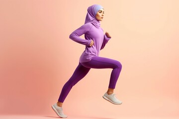 Fototapeta na wymiar Muslim woman with headscarf, running doing sport, studio shot.