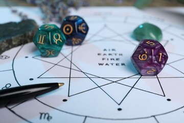 Zodiac wheel with sign triplicities, pen and astrology dices, closeup