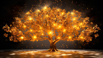 闇夜で輝く黄金の木のイメージ - obrazy, fototapety, plakaty