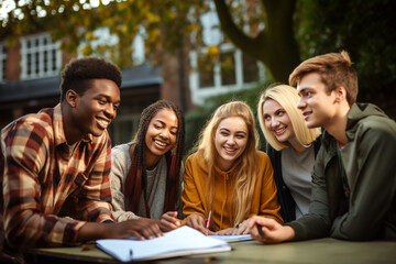 Group of college students study and laugh together on campus