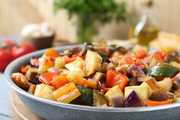 Delicious ratatouille in frying pan, closeup view